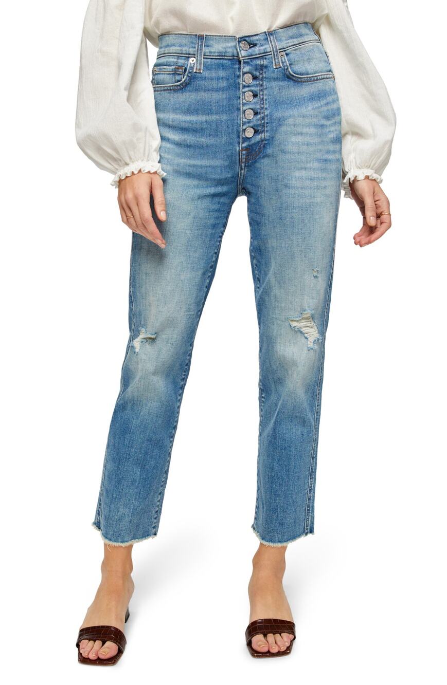 7 For All Mankind Distressed Aquarius Exposed Button Fly Crop Denim Jeans Size